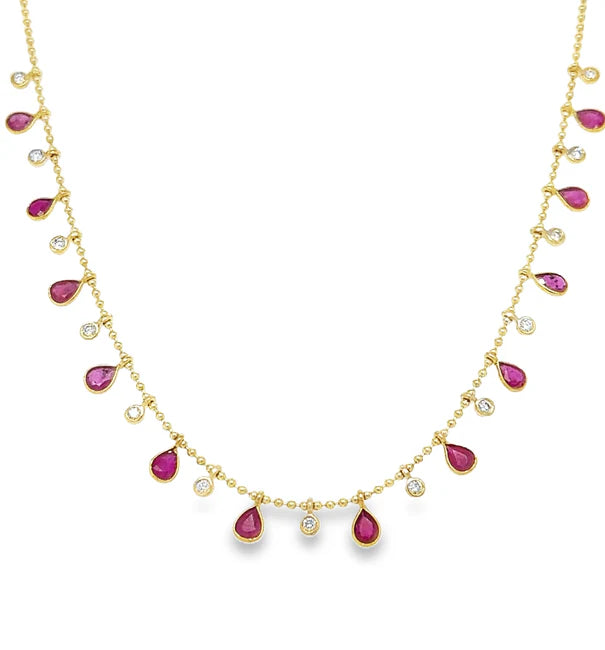 14KT YELLOW GOLD PEAR SHAPE RUBY AND DIAMOND DANGLING NECKLACE