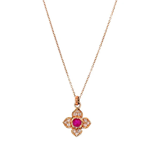 14KT YELLOW GOLD RUBY CLOVER PENDENT NECKLACE