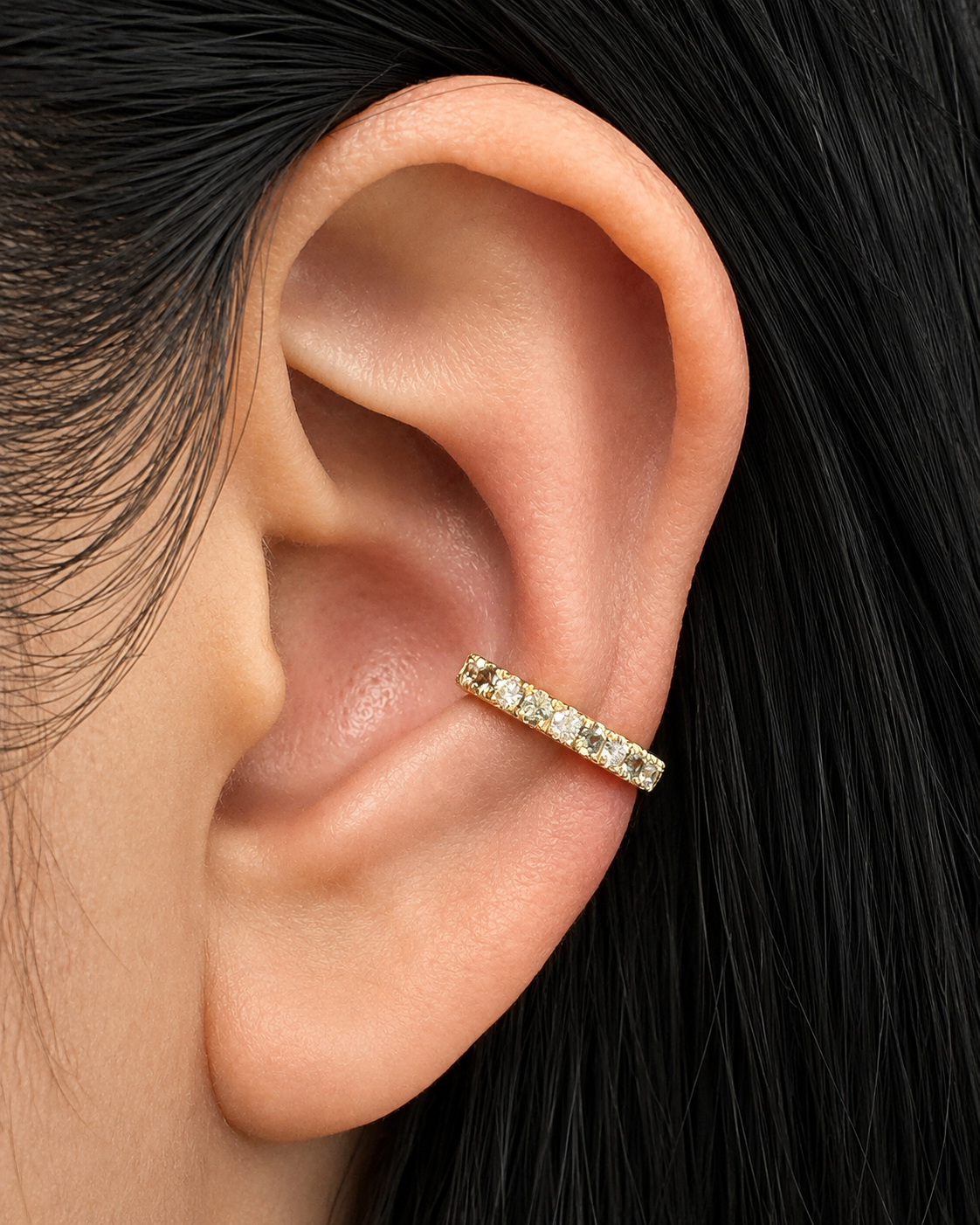 14K Gold Green Sapphire & White Diamond Ear Cuff