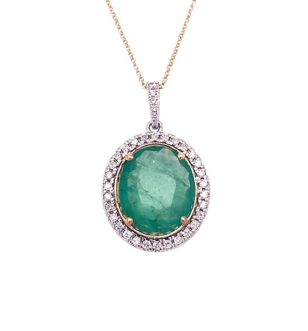 14KT GOLD DIAMOND/ EMERALD OVAL SHAPE PENDANT