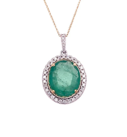 14KT GOLD DIAMOND/ EMERALD OVAL SHAPE PENDANT