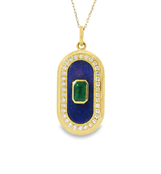 14KT YELLOW GOLD LAPIS PENDANT WITH EMERALD AND DIAMONDS