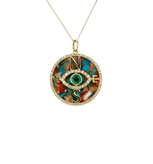 14KT YELLOW GOLD OYSTER TURQUOISE AND EMERALD EVIL EYE COMPASS PENDANT WITH DIAMONDS