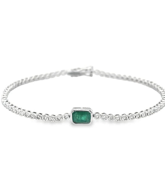 14KT WHITE GOLD EMERALD OCT AND DIAMOND TENNIS BRACELET