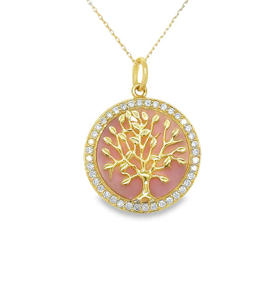 14KT YELLOW GOLD PINK OPAL TREE OF LIFE PENDANT WITH DIAMONDS