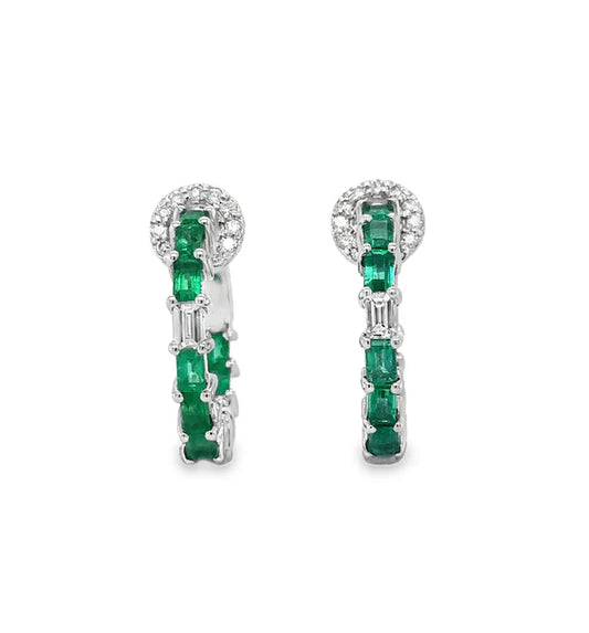 18KT WHITE GOLD EMERALD AND DIAMONDS HOOP EARRING