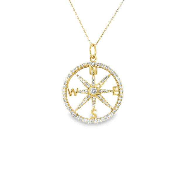 14KT YELLOW GOLD CLEAR QUARTZ AND DIAMOND COMPASS PENDANT