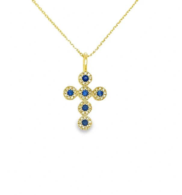 14KT WHITE GOLD AND GOLD CROSS PENDANT BLUE SAPPHIRE AND DIAMONDS
