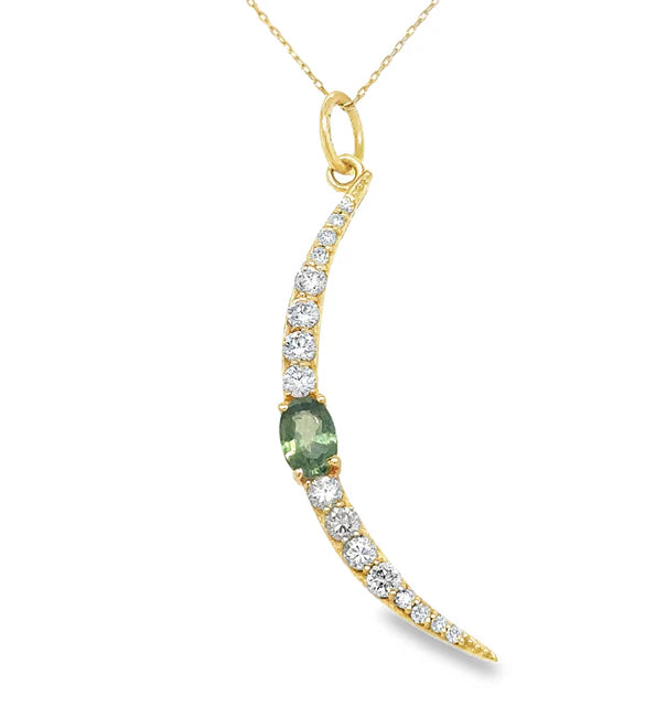 14KT YELLOW GOLD HALF MOON PENDANT WITH GREEN SAPPHIRE AND DIAMONDS