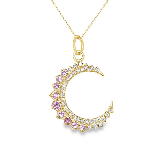 14KT YELLOW GOLD HALF MOON PENDANT WITH PINK SAPPHIRE AND DIAMONDS