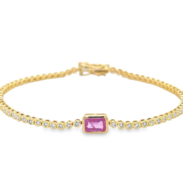 14KT YELLOW GOLD PINK SAPPHIRE OCT AND DIAMOND TENNIS BRACELET
