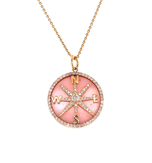 14KT YELLOW GOLD PINK OPAL AND DIAMONDS COMPASS PENDANT