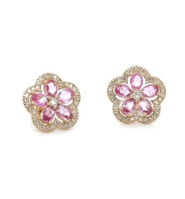 14KT YELLOW GOLD FLOWER PINK SAPPHIRE DIAMOND EARRING