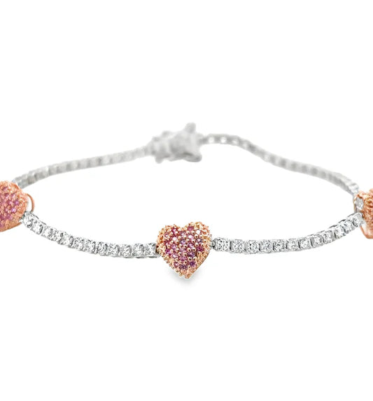 14KT TWO TONE PINK SAPPHIRE AND DIAMONDS HEART TENNIS BRACELET