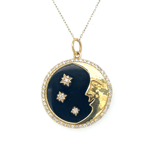14KT YELLOW GOLD STAR MOON BLACK ONYX PENDANT WITH DIAMONDS
