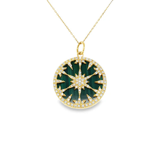 14KT YELLOW GOLD MALACHITE AND DIAMOND STARBUST PENDANT