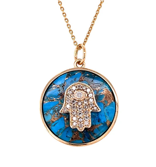 14KT YELLOW GOLD MOHAVE TURQUOISE HAMSA PENDANT WITH DIAMONDS