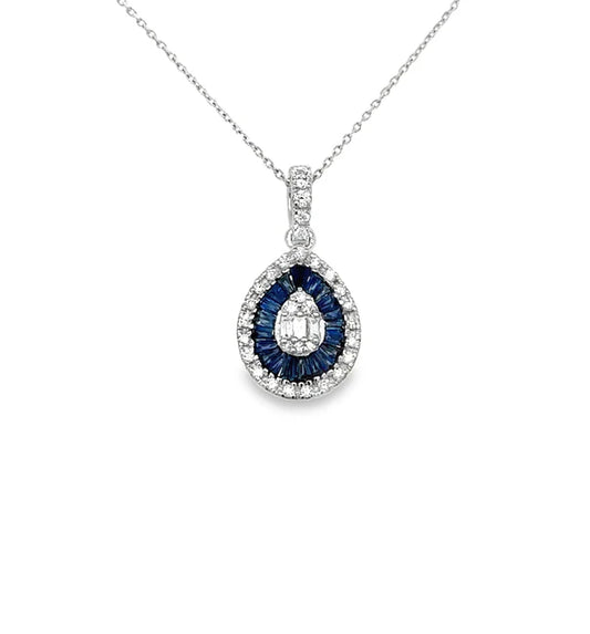 14KT WHITE GOLD SAPPHIRE AND DIAMONDS PEAR SHAPE PENDANT