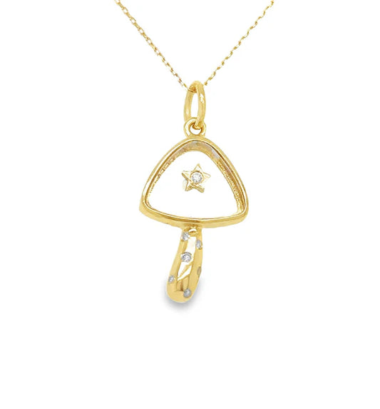 14KT YELLOW GOLD CLEAR QUARTZ MUSHROOM STAR PENDANT WITH DIAMONDS