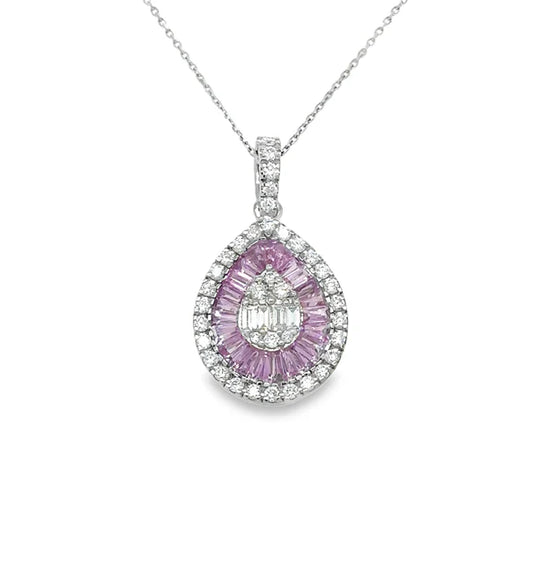 14KT WHITE GOLD PINK SAPPHIRE AND DIAMONDS PEAR SHAPE PENDANT