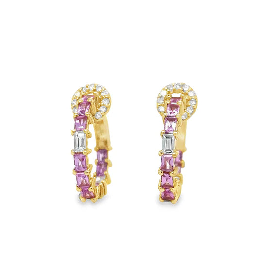 18KT YELLOW GOLD PINK SAPPHIRE AND DIAMONDS HOOP EARRING
