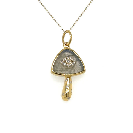 14KT YELLOW GOLD LABRADORITE MUSHROOM PENDANT WITH DIAMONDS