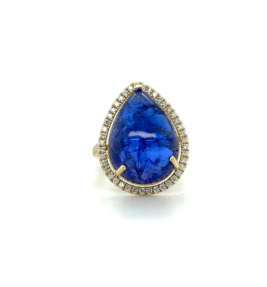 14KT YELLOW GOLD PEAR SHAPE TANZANITE AND DIAMOND RING