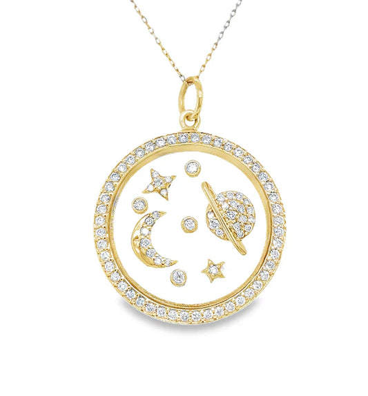 14KT YELLOW GOLD CLEAR QUARTZ PLANET PENDANT WITH DIAMONDS
