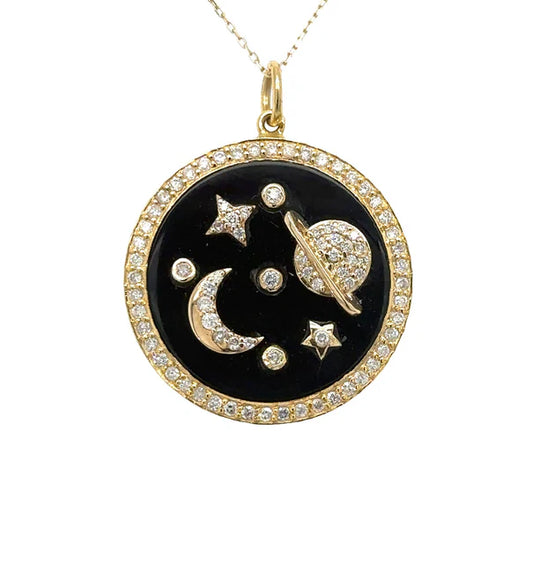 14KT YELLOW GOLD BLACK ONYX PLANET PENDANT WITH DIAMONDS