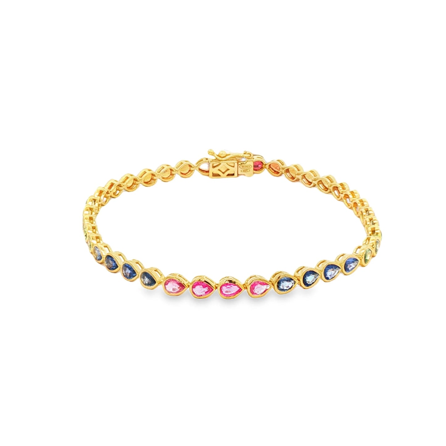 14KT YELLOW GOLD PEAR SHAPE BEZEL SET MULTI SAPPHIRE BRACELET