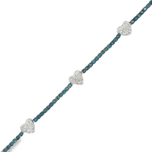 14KT GOLD BLUE DIAMONDS AND DIAMONDS HEART TENNIS BRACELET