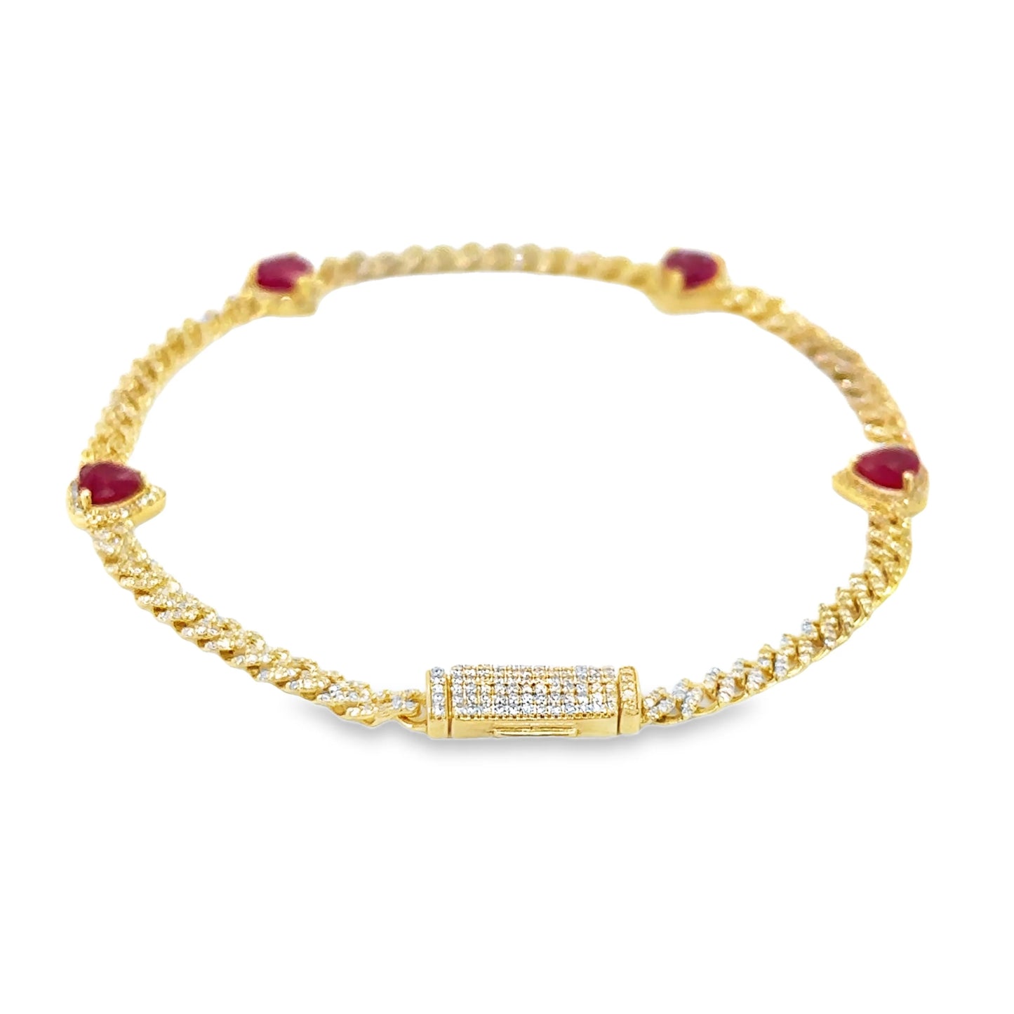 14KT GOLD RUBY AND DIAMONDS HEART CUBAN BRACELET