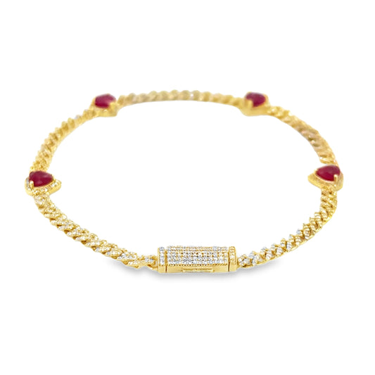 14KT GOLD RUBY AND DIAMONDS HEART CUBAN BRACELET