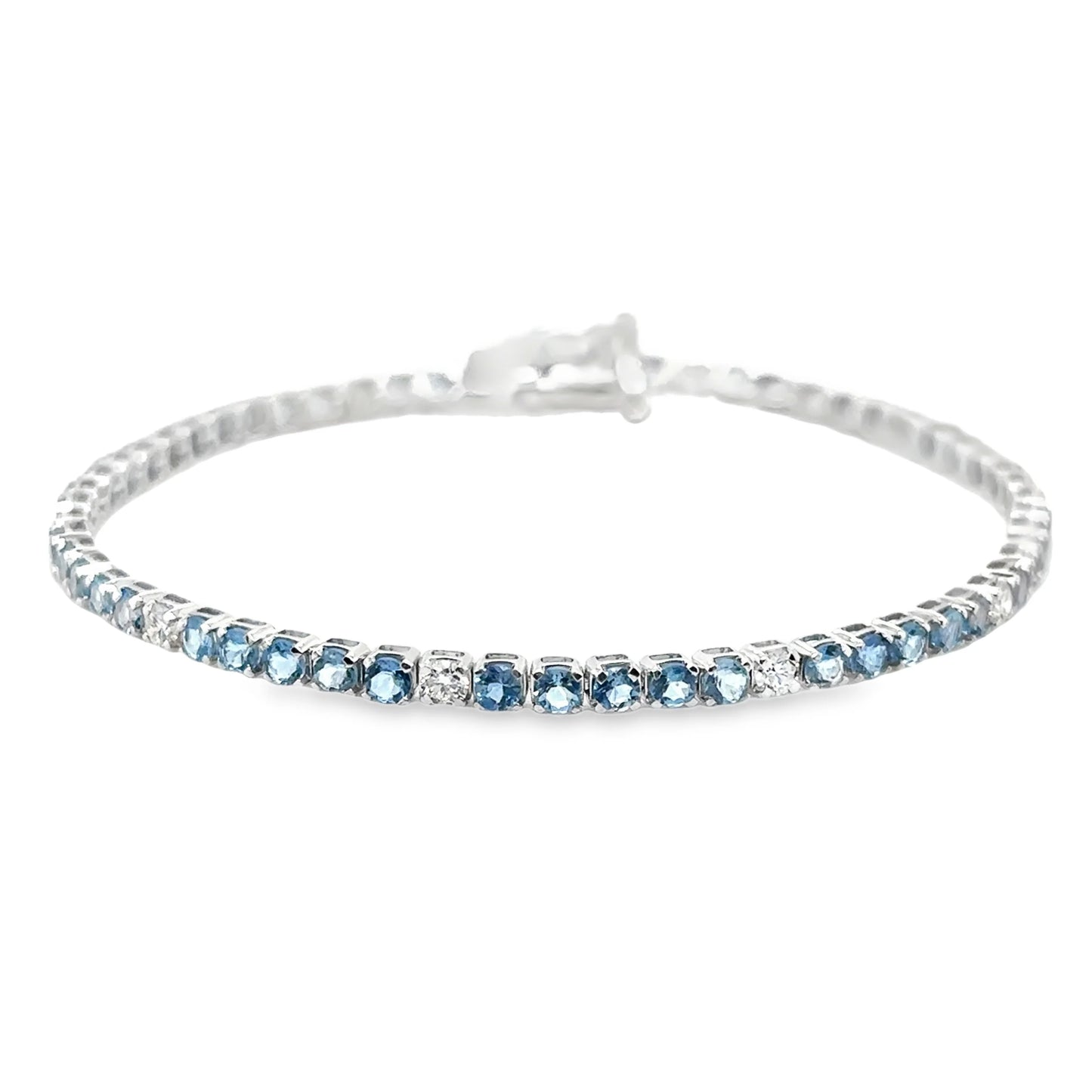 14KT WHITE GOLD BLUE AQUAMARINE AND WHITE DIAMOND TENNIS BRACELET