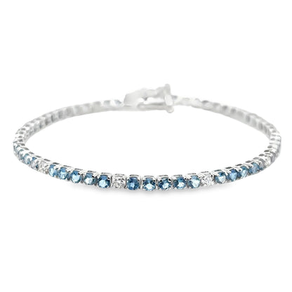 14KT WHITE GOLD BLUE AQUAMARINE AND WHITE DIAMOND TENNIS BRACELET