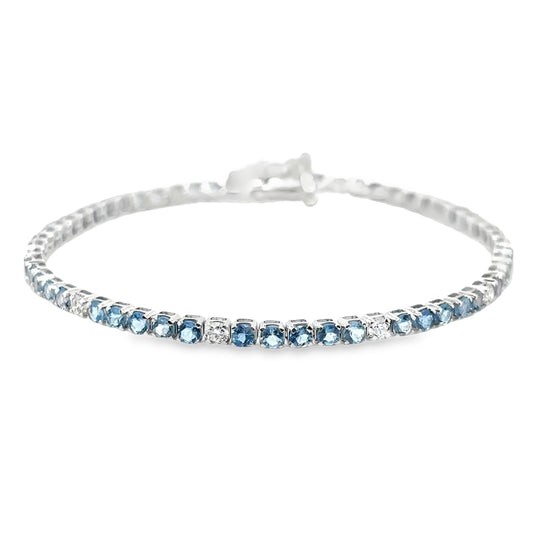 14KT WHITE GOLD BLUE AQUAMARINE AND WHITE DIAMOND TENNIS BRACELET