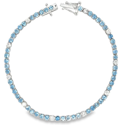 14KT WHITE GOLD BLUE AQUAMARINE AND WHITE DIAMOND TENNIS BRACELET