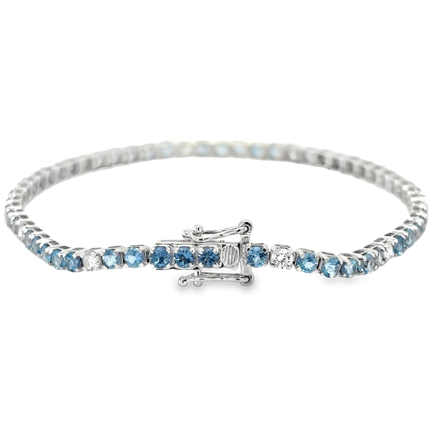 14KT WHITE GOLD BLUE AQUAMARINE AND WHITE DIAMOND TENNIS BRACELET