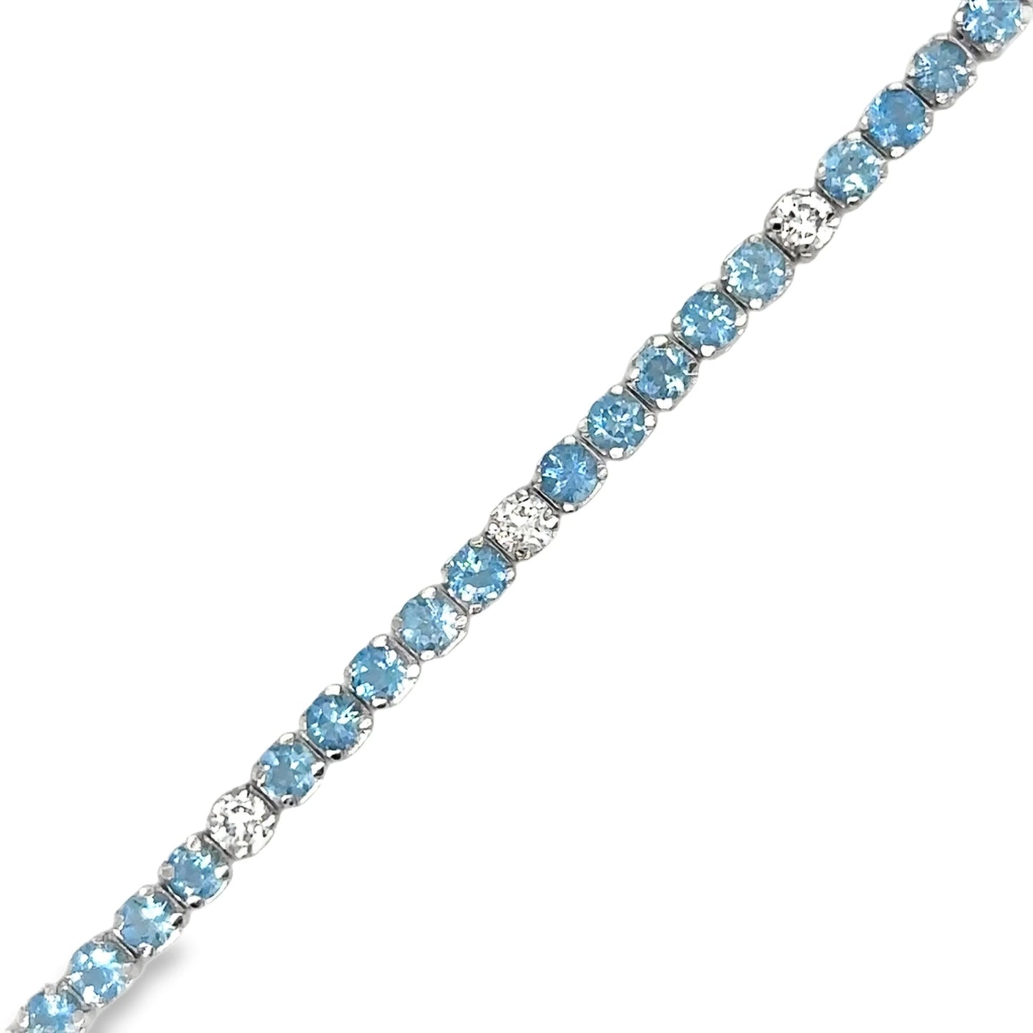 14KT WHITE GOLD BLUE AQUAMARINE AND WHITE DIAMOND TENNIS BRACELET