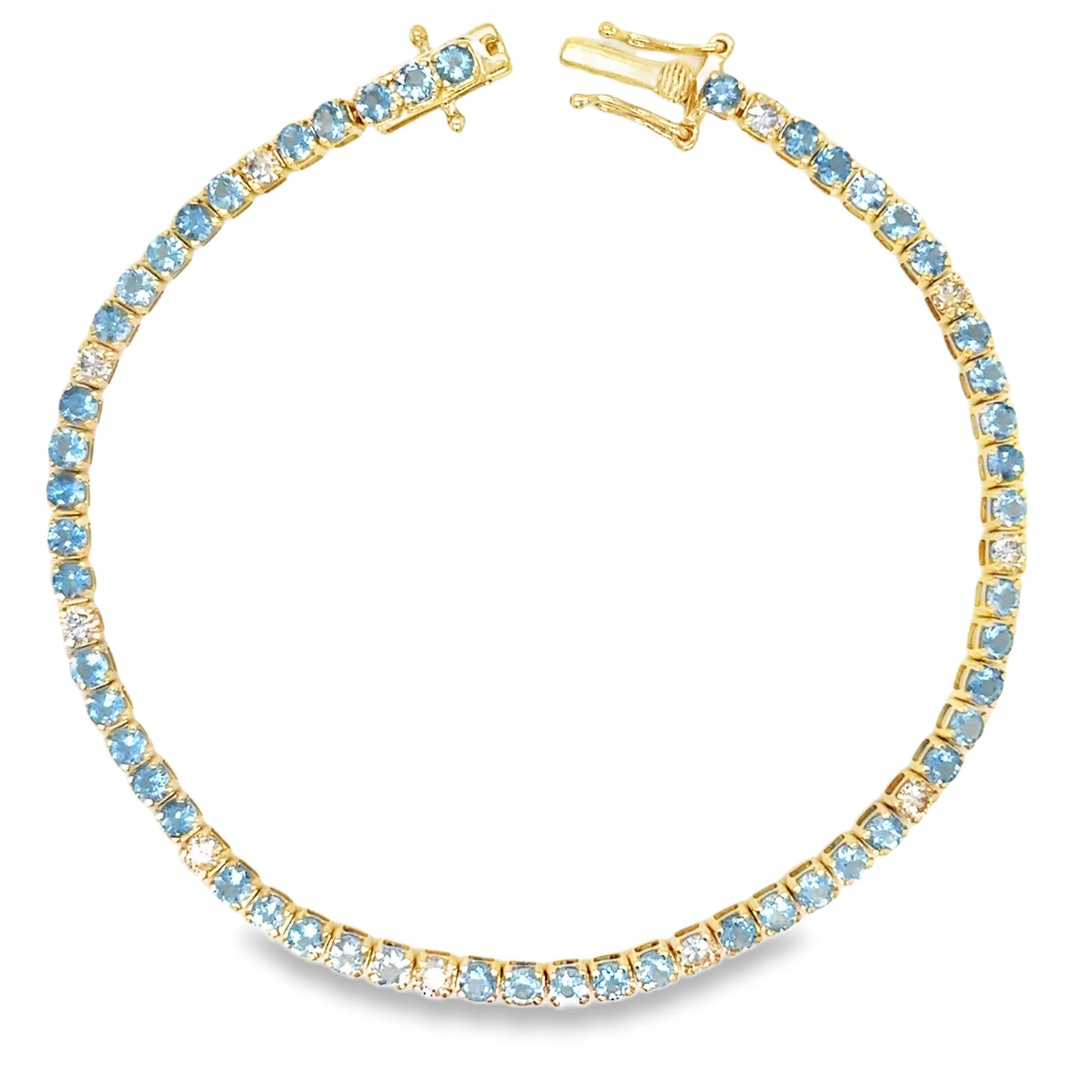14KT YELLOW GOLD BLUE AQUAMARINE AND CHAMPAGNE DIAMOND TENNIS BRACELET