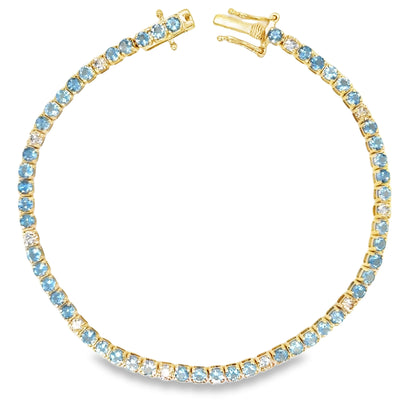 14KT YELLOW GOLD BLUE AQUAMARINE AND CHAMPAGNE DIAMOND TENNIS BRACELET