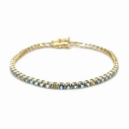 14KT YELLOW GOLD BLUE AQUAMARINE AND CHAMPAGNE DIAMOND TENNIS BRACELET
