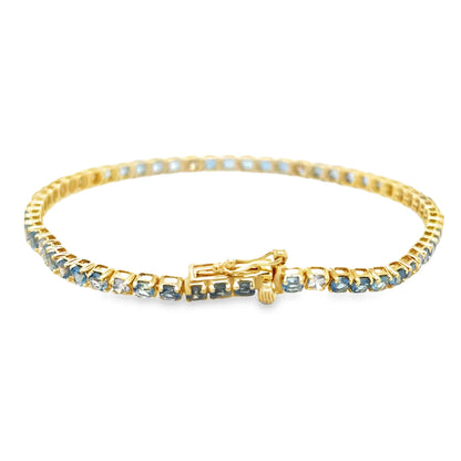 14KT YELLOW GOLD BLUE AQUAMARINE AND CHAMPAGNE DIAMOND TENNIS BRACELET