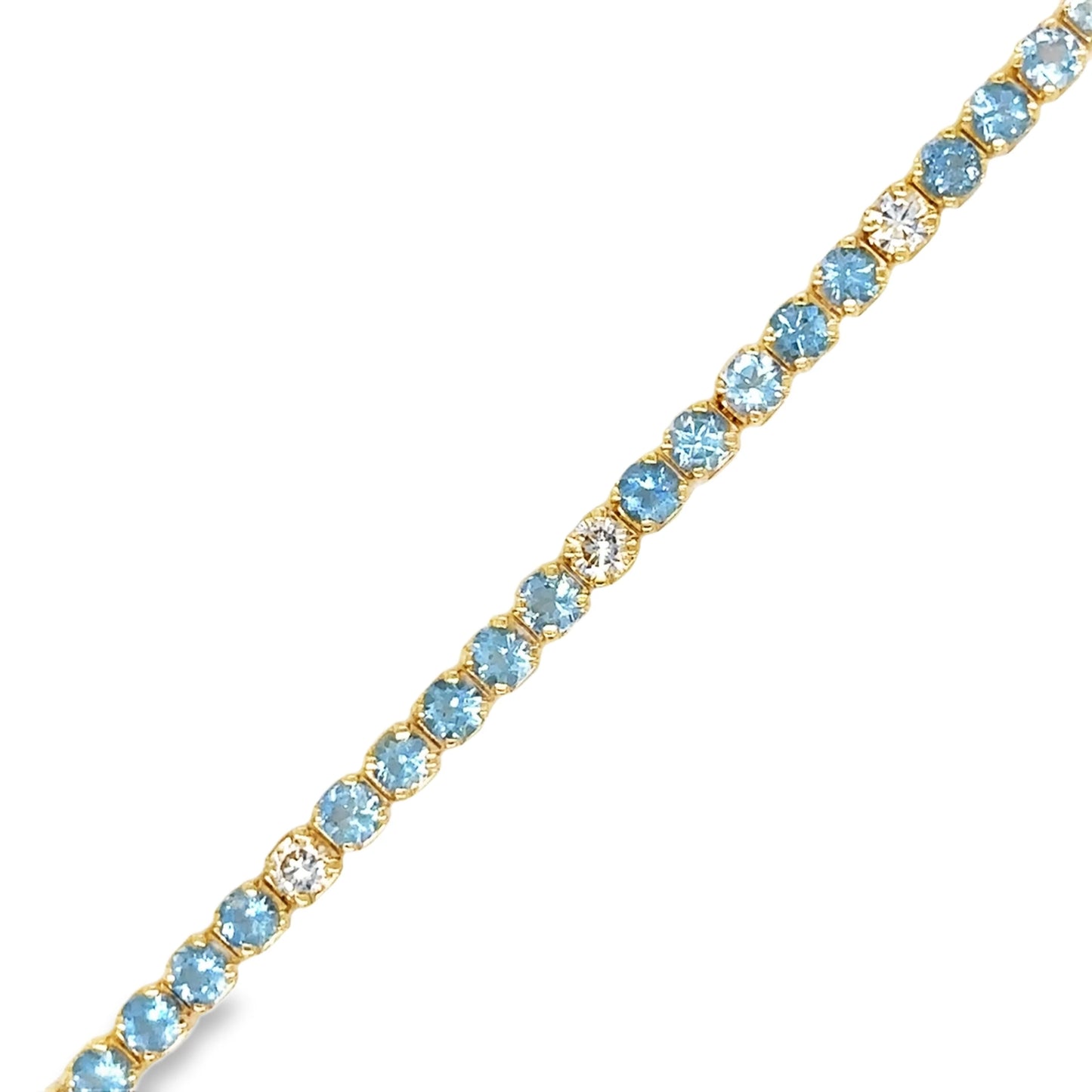 14KT YELLOW GOLD BLUE AQUAMARINE AND CHAMPAGNE DIAMOND TENNIS BRACELET