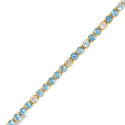 14KT YELLOW GOLD BLUE AQUAMARINE AND CHAMPAGNE DIAMOND TENNIS BRACELET