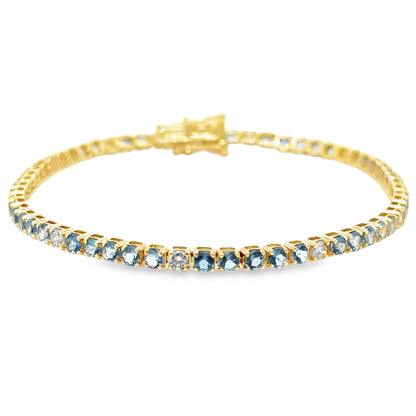 14KT YELLOW GOLD BLUE AQUAMARINE AND CHAMPAGNE DIAMOND TENNIS BRACELET