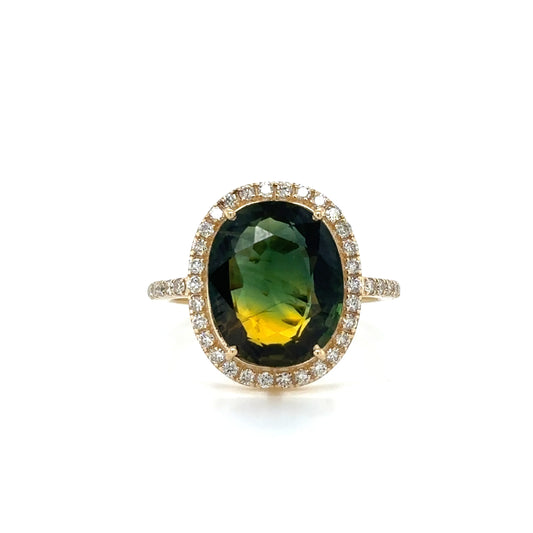 YELLOW GOLD TILT SAPPHIRE RING WITH DIAMONDS