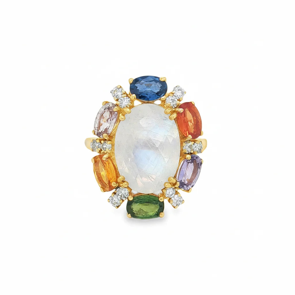 14KT YELLOW GOLD MULTI SAPPHIRE, RAINBOW MOONSTONE AND DIAMOND RING
