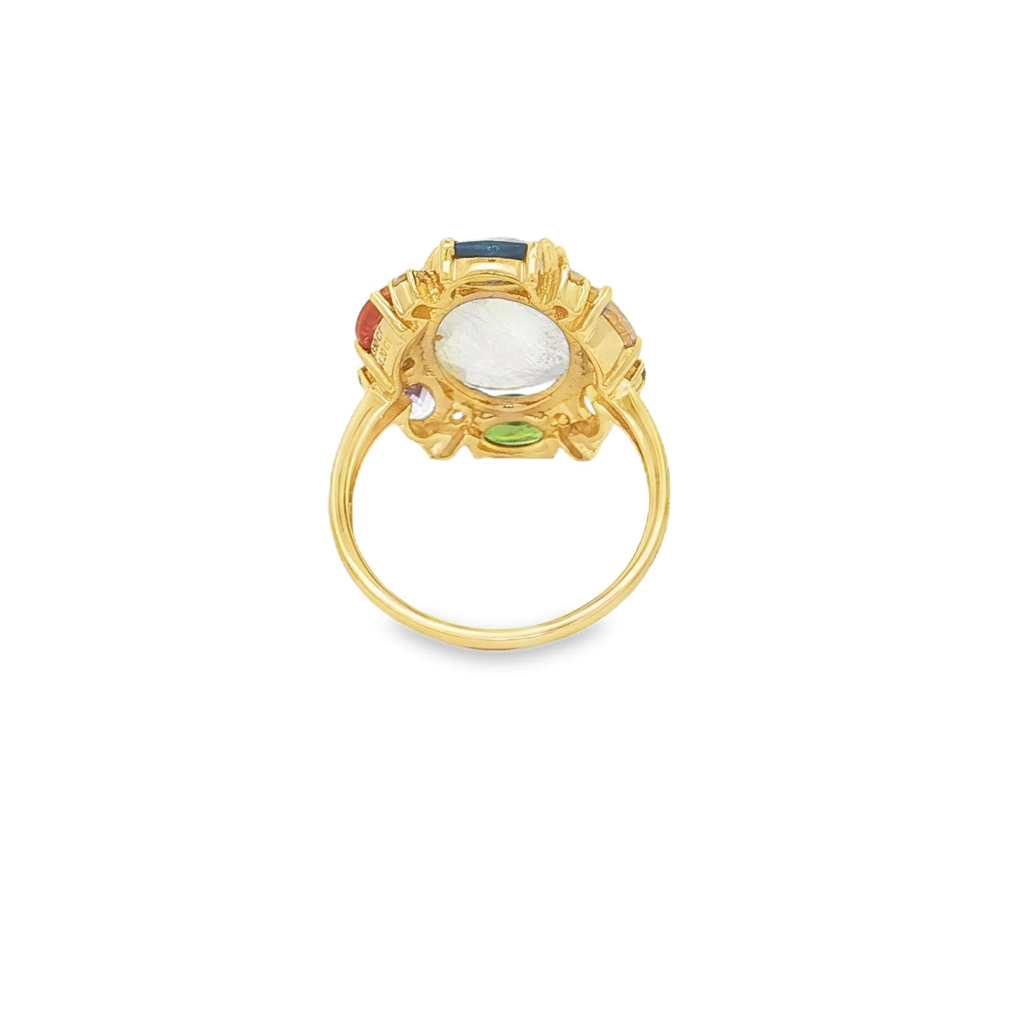 14KT YELLOW GOLD MULTI SAPPHIRE, RAINBOW MOONSTONE AND DIAMOND RING