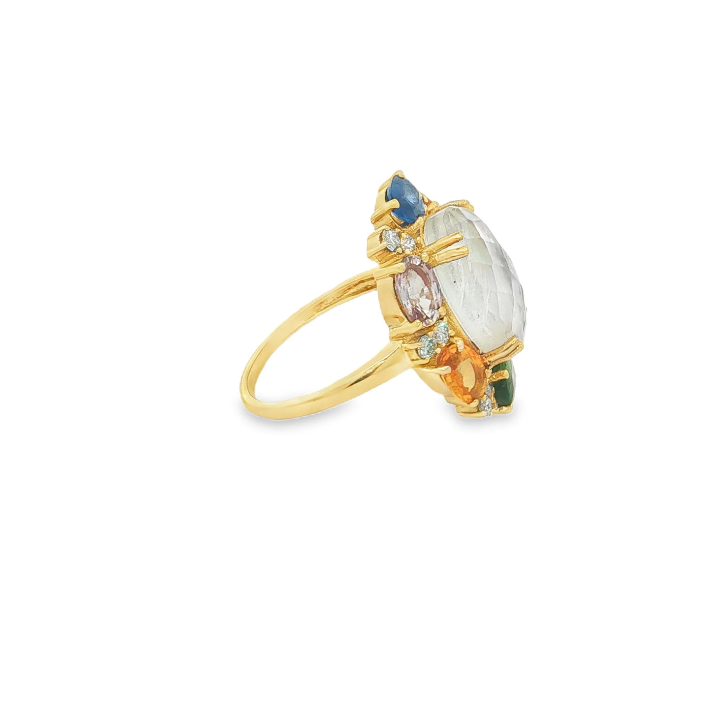 14KT YELLOW GOLD MULTI SAPPHIRE, RAINBOW MOONSTONE AND DIAMOND RING